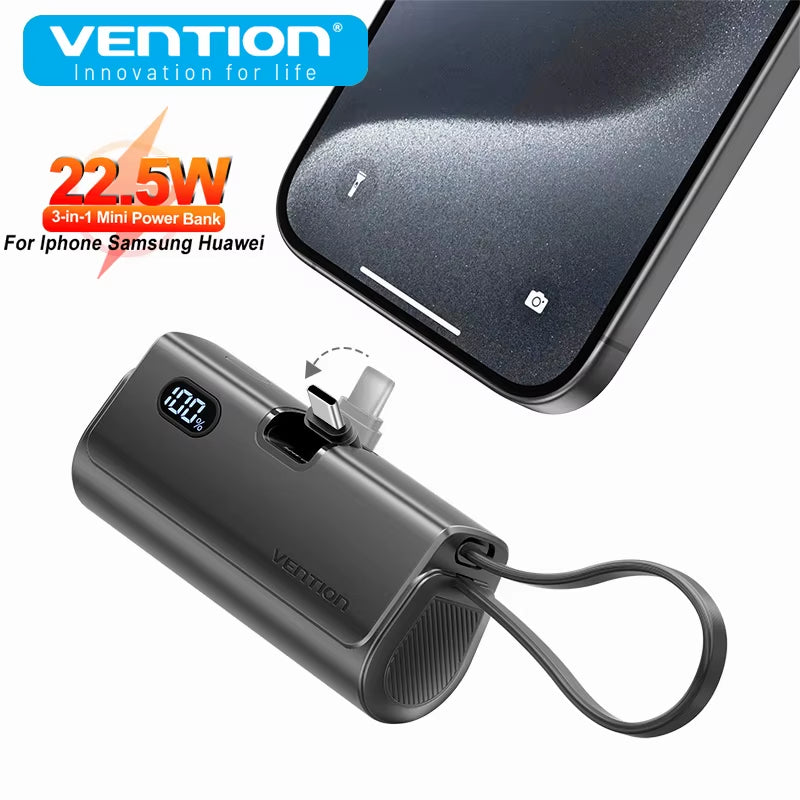 Power Bank 3 in 1 Mini External Auxiliary Battery Portable Powerbank 4800Mah 22.5W Type C PD Charger for Iphone16 Xiaomi