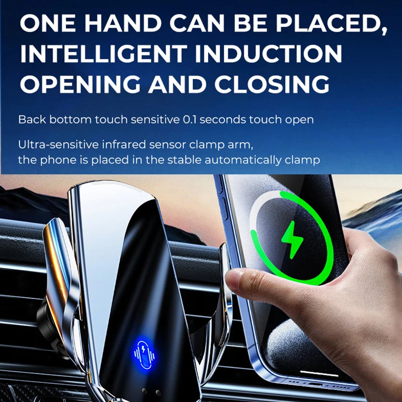 Car Mount Wireless Charging Phone Holder 15W Sensing Open Close Automobile Navigation Stand Accessories Cross Border